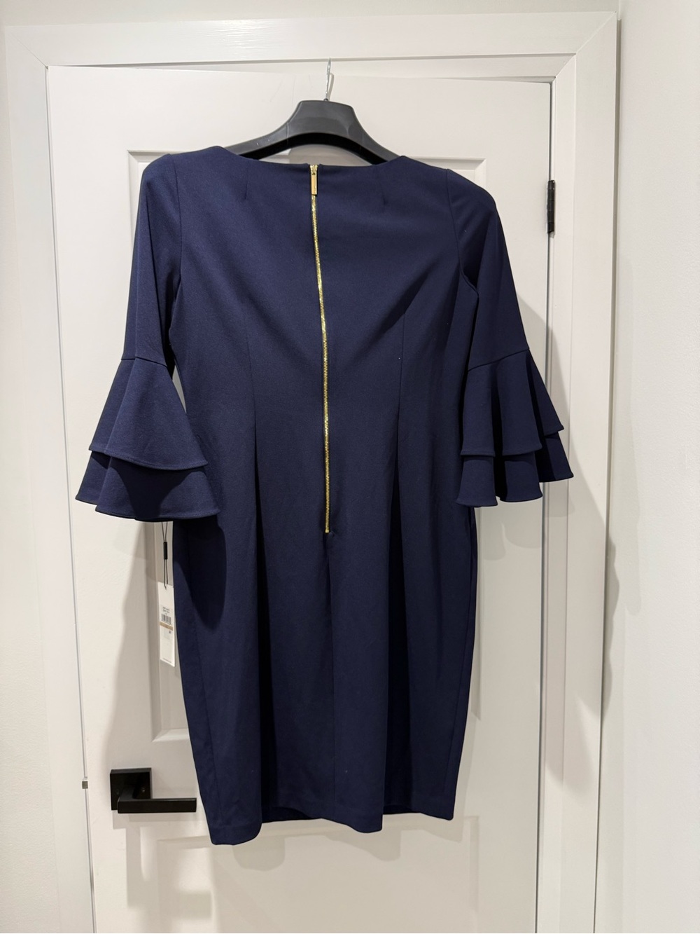 NWT Calvin Klein Navy Ruffle Sleeve Midi Sheath Dress - Picture 2 of 5
